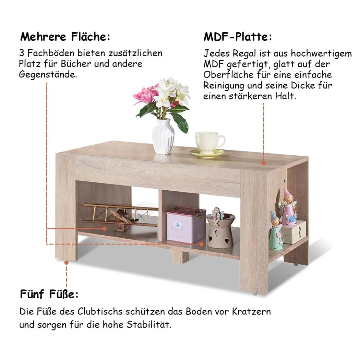 Couchtisch Kaffeetisch Beistelltisch mit 5 Füßen 90 x 39 x 42 cm MDF