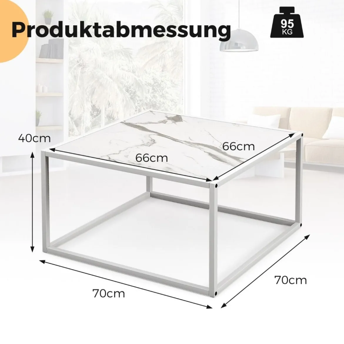 Couchtisch Marmor Optik rechteckiger Kaffeetisch mit Metallrahmen 70 x 70 x 40 cm Weiß