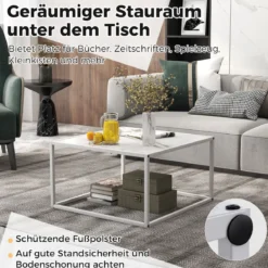 Couchtisch Marmor Optik rechteckiger Kaffeetisch mit Metallrahmen 70 x 70 x 40 cm Weiß