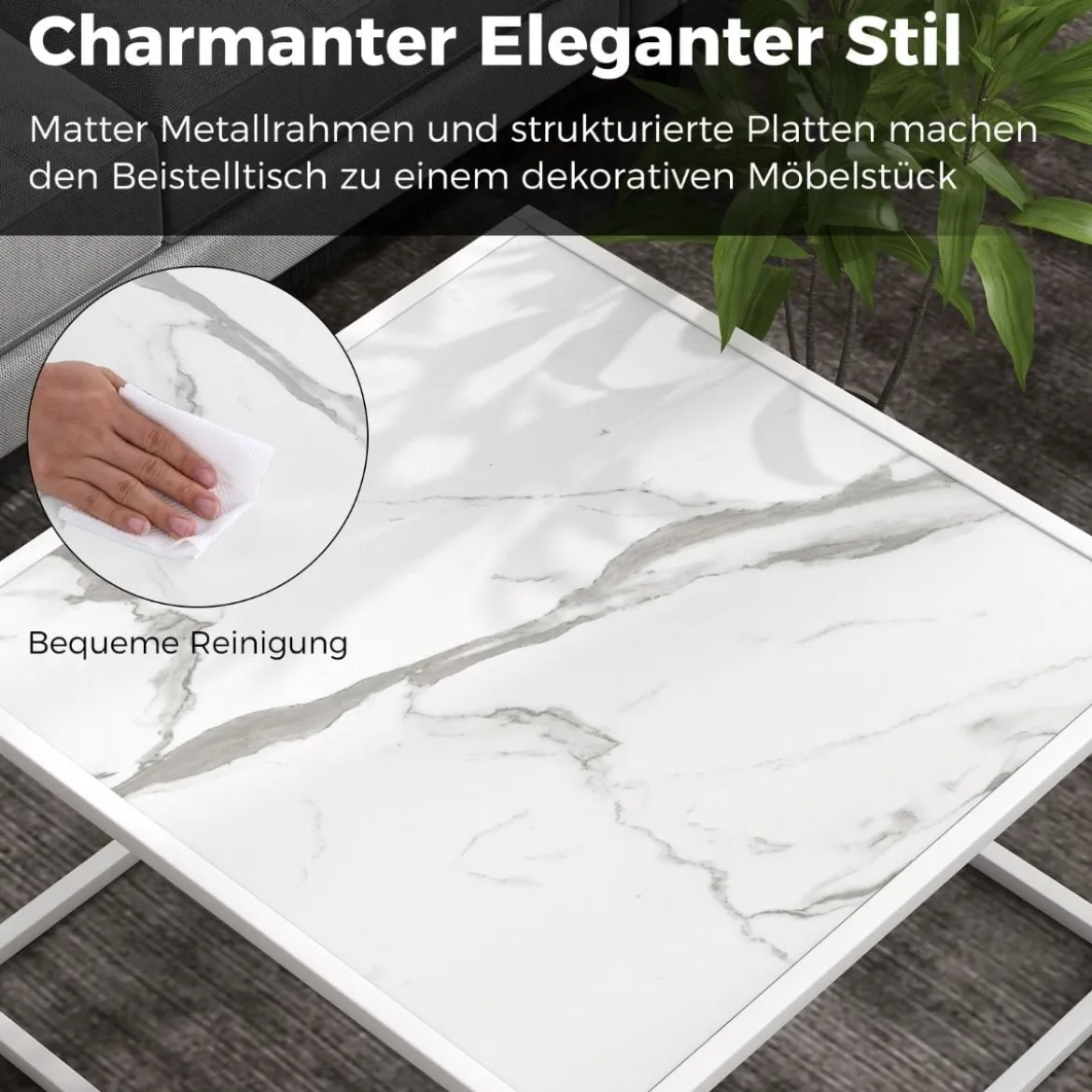 Couchtisch Marmor Optik rechteckiger Kaffeetisch mit Metallrahmen 70 x 70 x 40 cm Weiß