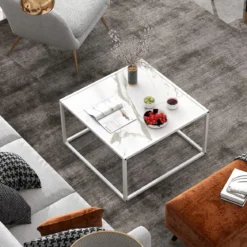 Couchtisch Marmor Optik rechteckiger Kaffeetisch mit Metallrahmen 70 x 70 x 40 cm Weiß