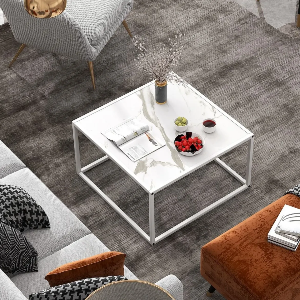 Couchtisch Marmor Optik rechteckiger Kaffeetisch mit Metallrahmen 70 x 70 x 40 cm Weiß