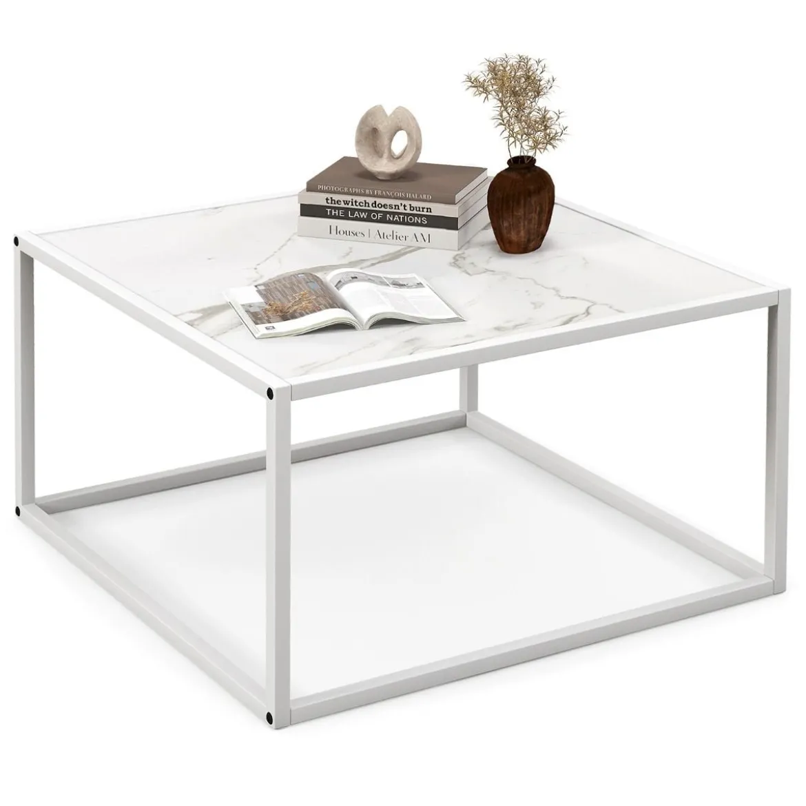 Couchtisch Marmor Optik rechteckiger Kaffeetisch mit Metallrahmen 70 x 70 x 40 cm Weiß