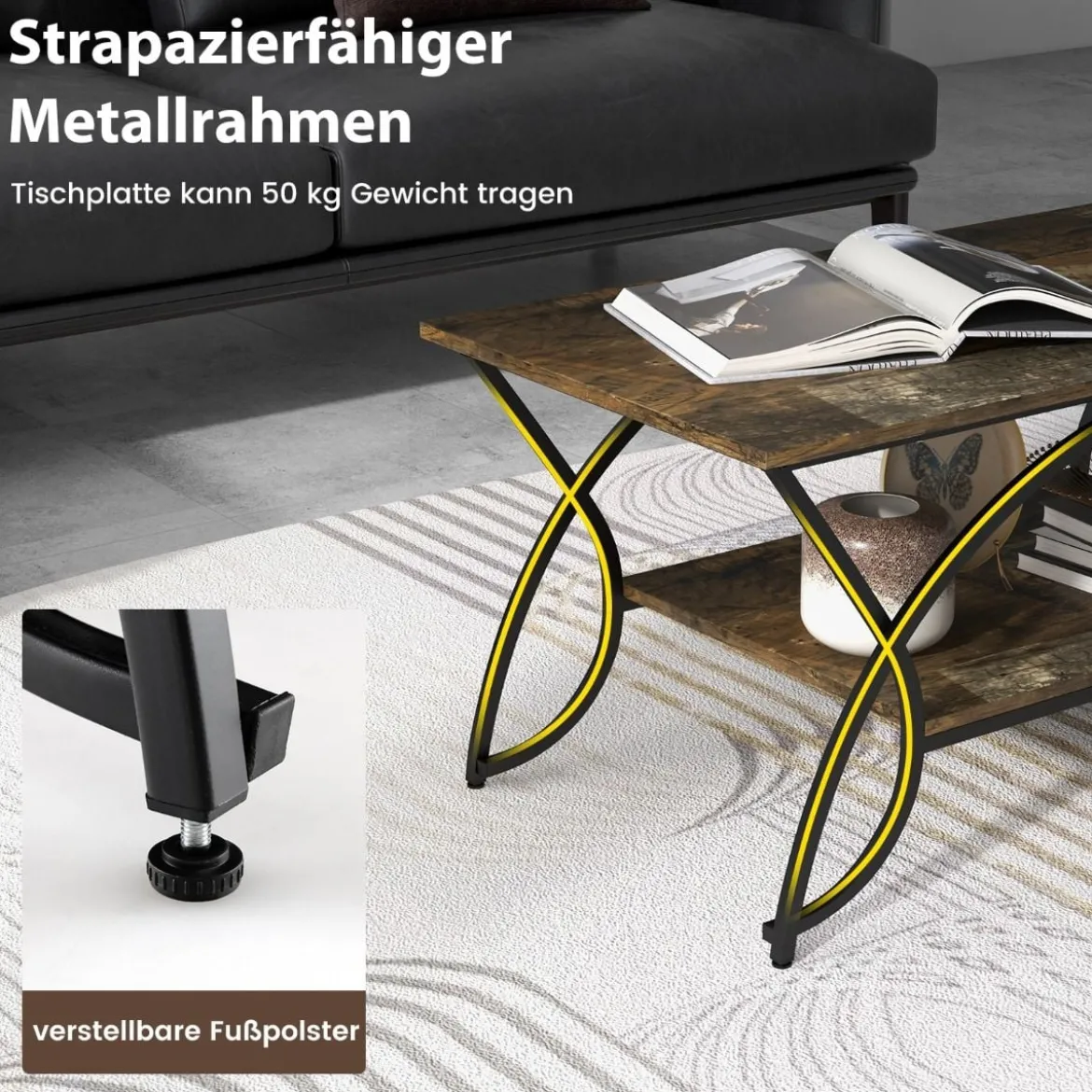 Couchtisch mit Ablage und Metallgestell Moderner Sofatisch 100 x 50 x 45 cm Rustikales Braun