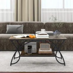 Couchtisch mit Ablage und Metallgestell Moderner Sofatisch 100 x 50 x 45 cm Rustikales Braun