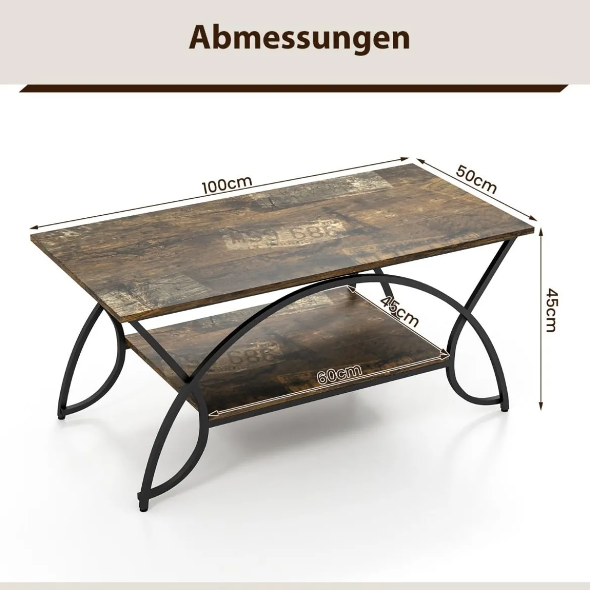 Couchtisch mit Ablage und Metallgestell Moderner Sofatisch 100 x 50 x 45 cm Rustikales Braun