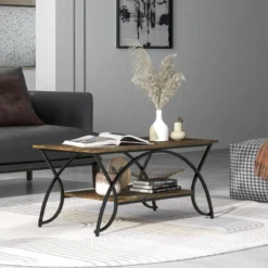 Couchtisch mit Ablage und Metallgestell Moderner Sofatisch 100 x 50 x 45 cm Rustikales Braun