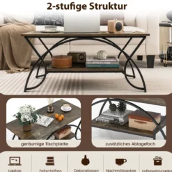 Couchtisch mit Ablage und Metallgestell Moderner Sofatisch 100 x 50 x 45 cm Rustikales Braun