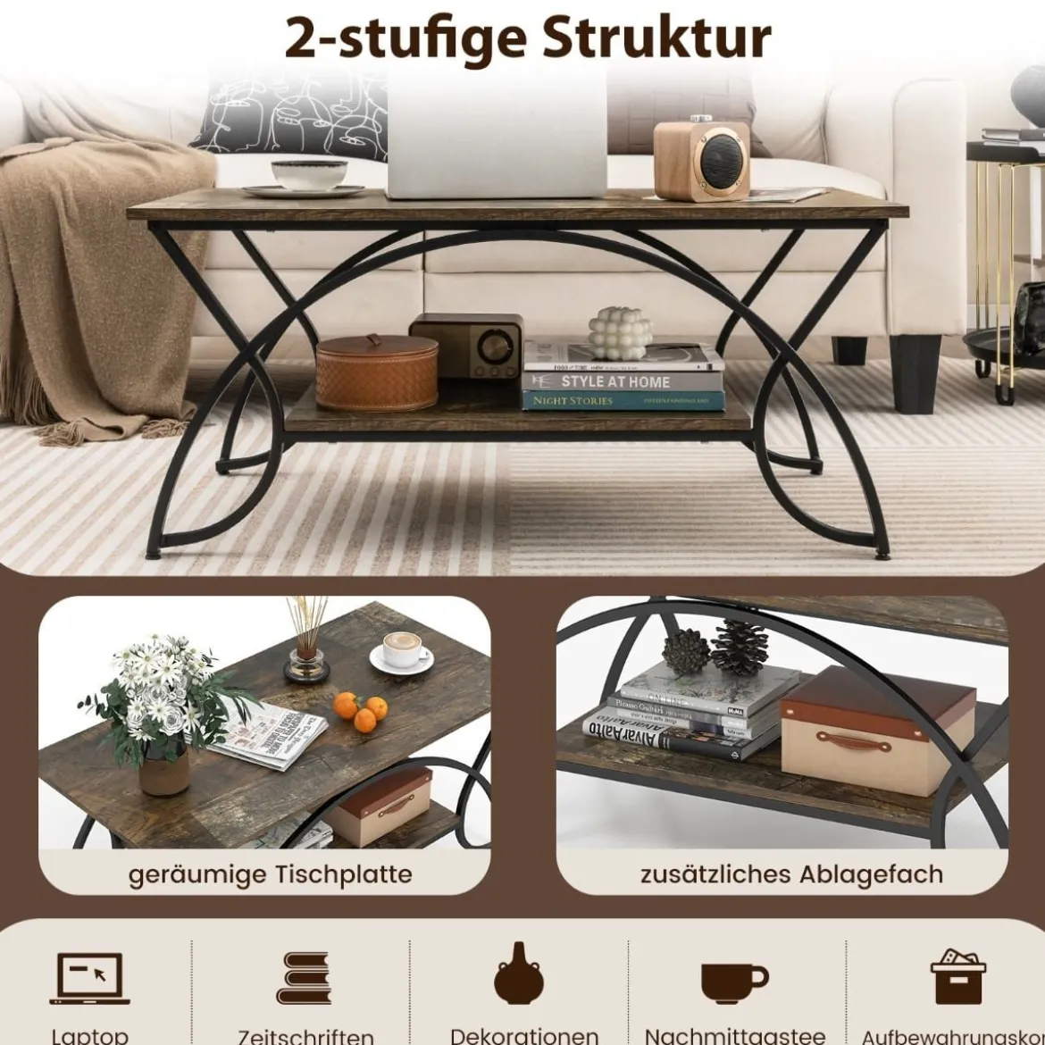 Couchtisch mit Ablage und Metallgestell Moderner Sofatisch 100 x 50 x 45 cm Rustikales Braun