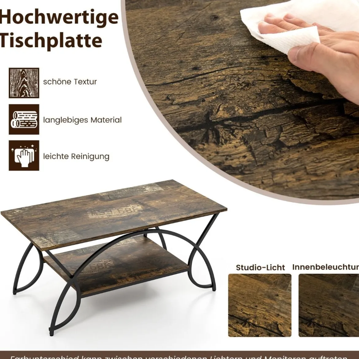 Couchtisch mit Ablage und Metallgestell Moderner Sofatisch 100 x 50 x 45 cm Rustikales Braun