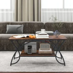 Couchtisch mit Ablage und Metallgestell Moderner Sofatisch 100 x 50 x 45 cm Vintagebraun