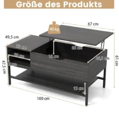 Couchtisch mit Anhebbarer Platte & Verstecktem Staufach Wohnzimmertisch Sofatisch