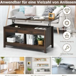 Couchtisch mit anzuhebender Tischplatte Multifunktions-Akzentmöbel mit versteckten Fächern & Regalen Braun