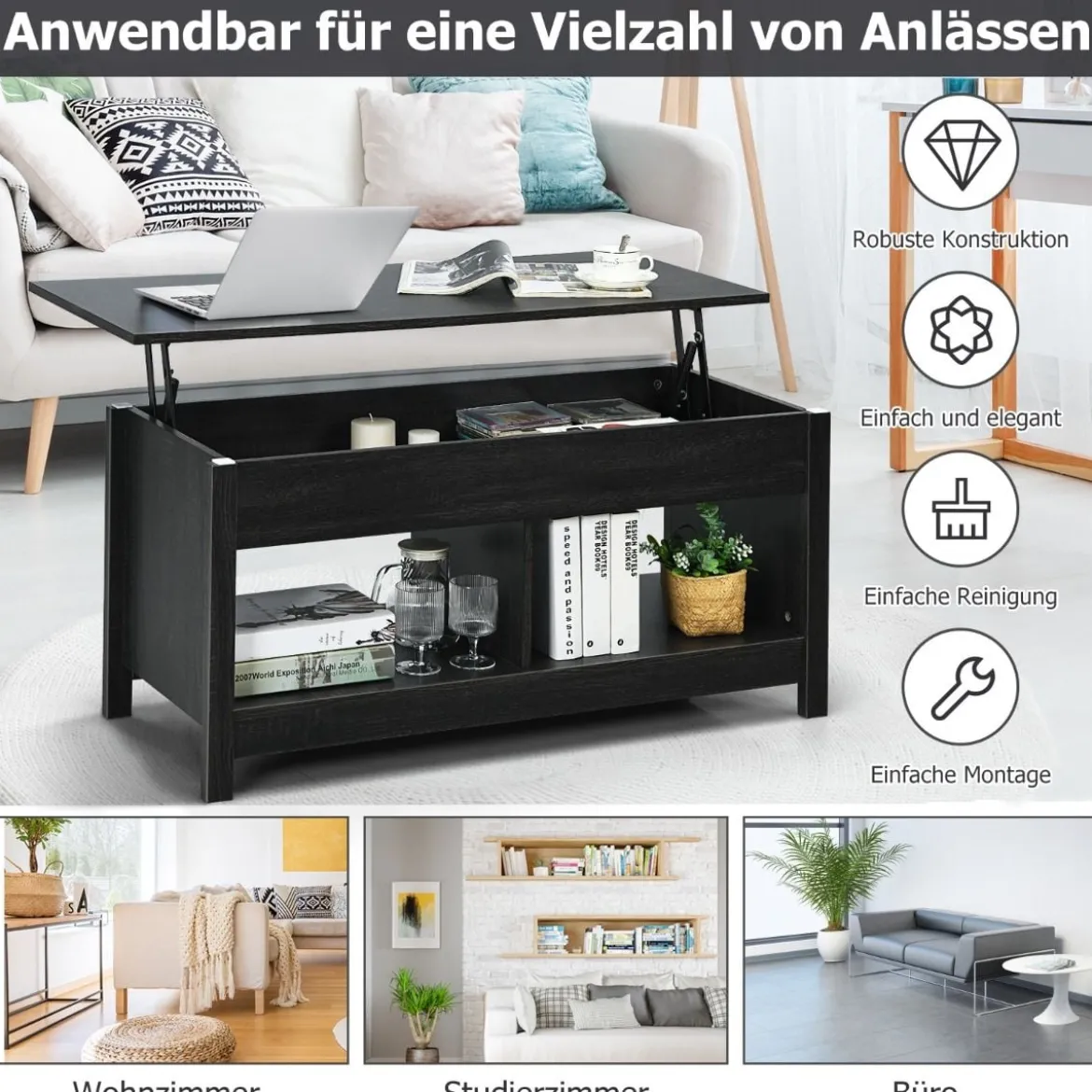 Couchtisch mit anzuhebender Tischplatte Multifunktions-Akzentmöbel mit versteckten Fächern & Regalen Eiche/Schwarz/Weiß