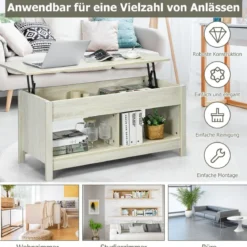 Couchtisch mit anzuhebender Tischplatte Multifunktions-Akzentmöbel mit versteckten Fächern & Regalen Eiche/Schwarz/Weiß