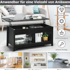 Couchtisch mit anzuhebender Tischplatte Multifunktions-Akzentmöbel mit versteckten Fächern & Regalen Eiche/Schwarz/Weiß