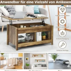 Couchtisch mit anzuhebender Tischplatte Multifunktions-Akzentmöbel mit versteckten Fächern & Regalen Eiche/Schwarz/Weiß