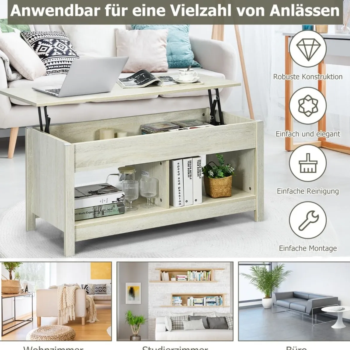 Couchtisch mit anzuhebender Tischplatte Multifunktions-Akzentmöbel mit versteckten Fächern & Regalen Eiche/Schwarz/Weiß