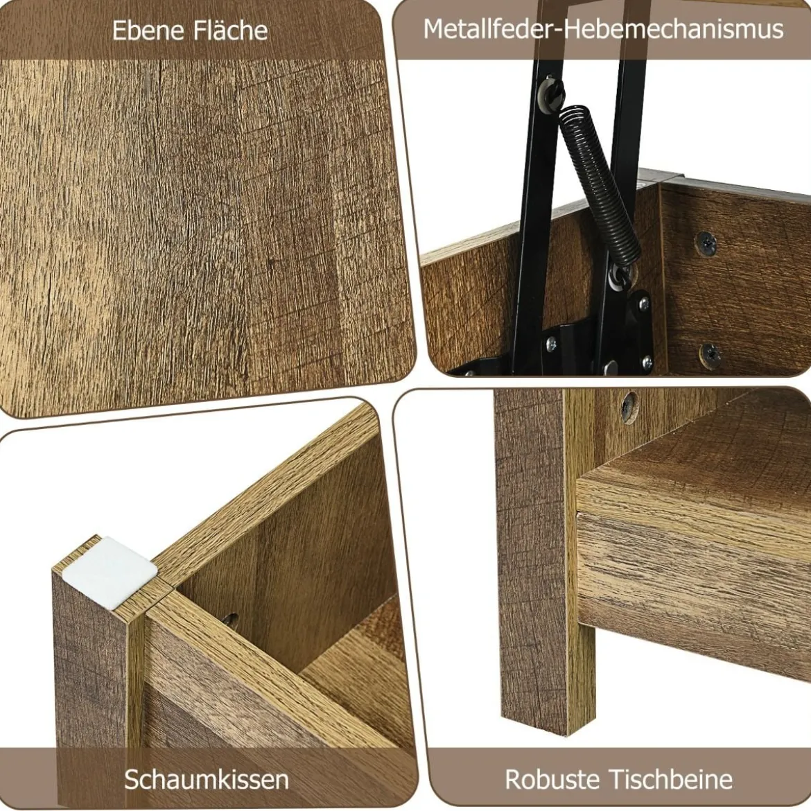 Couchtisch mit anzuhebender Tischplatte Multifunktions-Akzentmöbel mit versteckten Fächern & Regalen Eiche/Schwarz/Weiß
