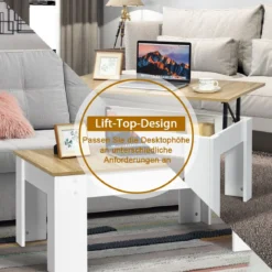 Couchtisch mit erhöhter Tischplatte Cocktailtisch für Wohnzimmer 98 x 50 x 42 - 55 cm Weiß + Natur