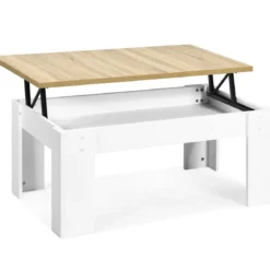 Couchtisch mit erhöhter Tischplatte Cocktailtisch für Wohnzimmer 98 x 50 x 42 - 55 cm Weiß + Natur