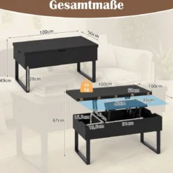 Couchtisch mit höhenverstellbarer Tischplatte 3 in 1 wandelbarer Kaffeetisch mit 3 versteckten Fächern Schwarz