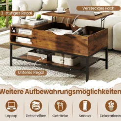Couchtisch mit höhenverstellbare Tischplatte Wohnzimmertisch mit verstecktem Fach Holz Sofatisch mit Ablagefach Braun