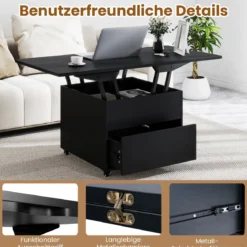 Couchtisch mit Höhenverstellbarer Platte 3-in-1 klappbarer Esstisch mit verstecktem Stauraum Schwarz