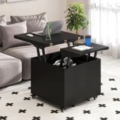 Couchtisch mit Höhenverstellbarer Platte 3-in-1 klappbarer Esstisch mit verstecktem Stauraum Schwarz