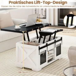 Couchtisch mit höhenverstellbarer Tischplatte 105 cm Landhaus-Center-Tisch mit 2 Schiebetüren Schwarz