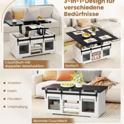 Couchtisch mit höhenverstellbarer Tischplatte 105 cm Landhaus-Center-Tisch mit 2 Schiebetüren Schwarz