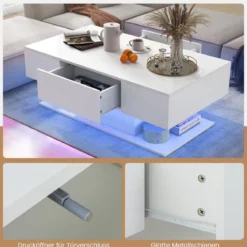 Couchtisch mit LED Beleuchtung Hochglanz 20 Farben Helligkeit einstellbar 110 x 60 x 40 cm Weiß