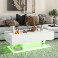 Couchtisch mit LED Beleuchtung Hochglanz 20 Farben Helligkeit einstellbar 110 x 60 x 40 cm Weiß
