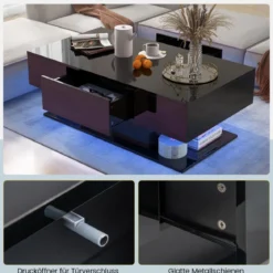 Couchtisch mit LED Beleuchtung Hochglanz 20 Farben Helligkeit einstellbar 110 x 60 x 40 cm Schwarz