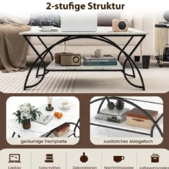 Couchtisch mit Marmoroptik Moderner Sofatisch aus Kunstmarmor 100 x 50 x 45 cm Weiß Schwarz