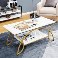 Couchtisch mit Marmoroptik Moderner Sofatisch aus Kunstmarmor 100 x 50 x 45 cm Weiß