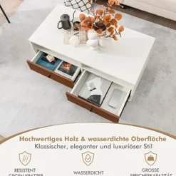 Couchtisch mit 2 Schubladen & 2 Ablagen Wohnzimmertisch rechteckig mit Stauraum 95 x 48 x 45 cm