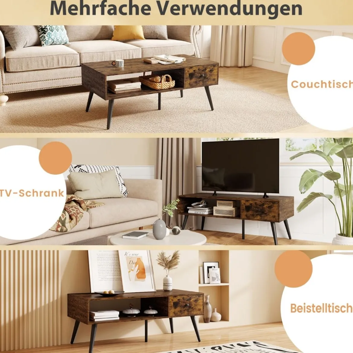 Couchtisch mit Schublade Stauraum offenes Fach Wohnzimmertisch 109 x 55 x 39,5 cm Schwarz/Rustikales Braun
