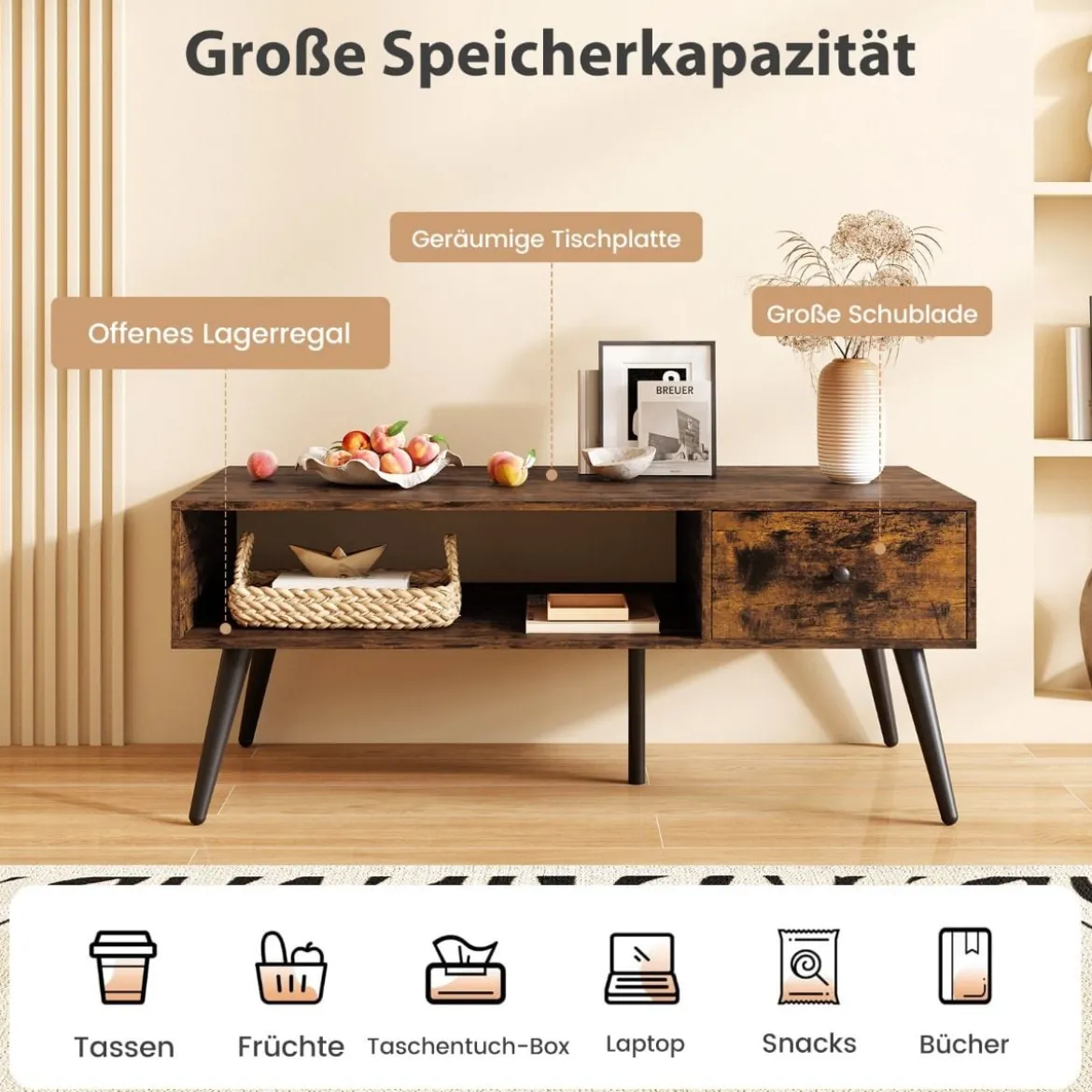 Couchtisch mit Schublade Stauraum offenes Fach Wohnzimmertisch 109 x 55 x 39,5 cm Schwarz/Rustikales Braun