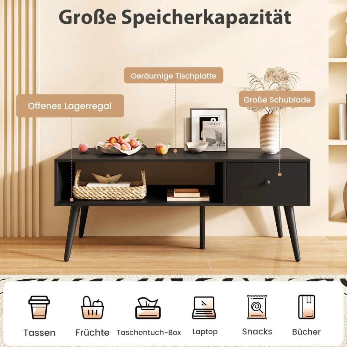 Couchtisch mit Schublade Stauraum offenes Fach Wohnzimmertisch 109 x 55 x 39,5 cm Schwarz/Rustikales Braun
