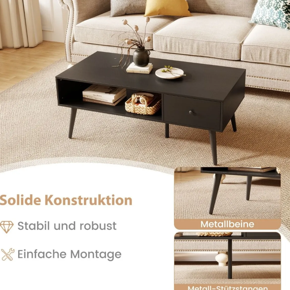 Couchtisch mit Schublade Stauraum offenes Fach Wohnzimmertisch 109 x 55 x 39,5 cm Schwarz/Rustikales Braun
