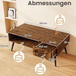 Couchtisch mit Schublade Stauraum offenes Fach Wohnzimmertisch 109 x 55 x 39,5 cm Schwarz/Rustikales Braun