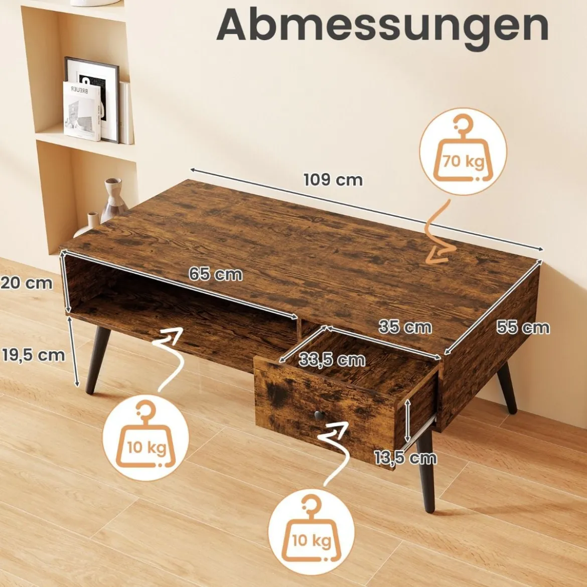 Couchtisch mit Schublade Stauraum offenes Fach Wohnzimmertisch 109 x 55 x 39,5 cm Schwarz/Rustikales Braun