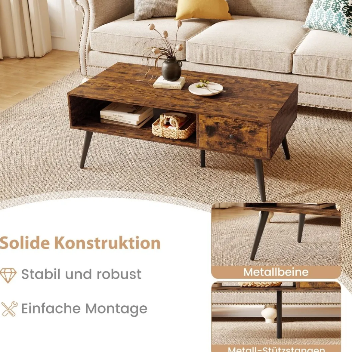 Couchtisch mit Schublade Stauraum offenes Fach Wohnzimmertisch 109 x 55 x 39,5 cm Schwarz/Rustikales Braun