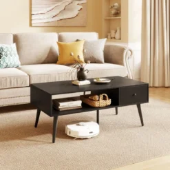 Couchtisch mit Schublade Stauraum offenes Fach Wohnzimmertisch 109 x 55 x 39,5 cm Schwarz/Rustikales Braun