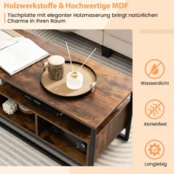 Couchtisch mit Stauraum Industrieller Tisch mit Offenen Regalen 110 x 42,5 x 45 cm Rustikales Braun