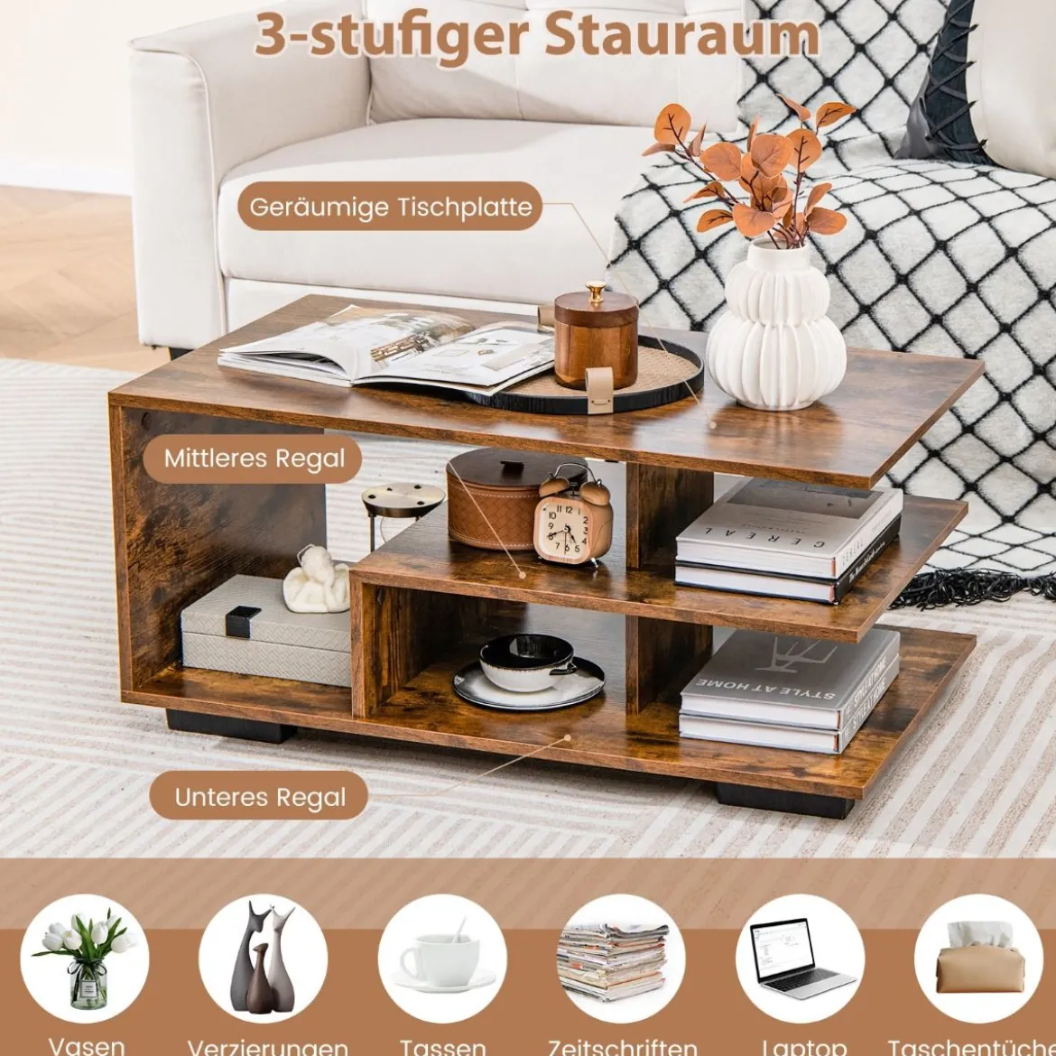 Couchtisch mit Stauraum & L-förmiger Mittelablage Rechteckiger Wohnzimmertisch
