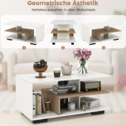 Couchtisch mit Stauraum & L-förmiger Mittelablage Rechteckiger Wohnzimmertisch