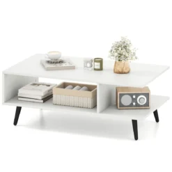 Couchtisch mit Stauraum 2 stufiger Wohnzimmertisch mit offenem Regal & Metallbeinen Beistelltisch aus Holz 80 x 45 x 30 cm Weiß