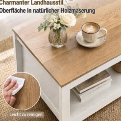 Couchtisch mit Stauraum 2-stufiger Wohnzimmertisch 105 x 60 x 46 cm Weiß
